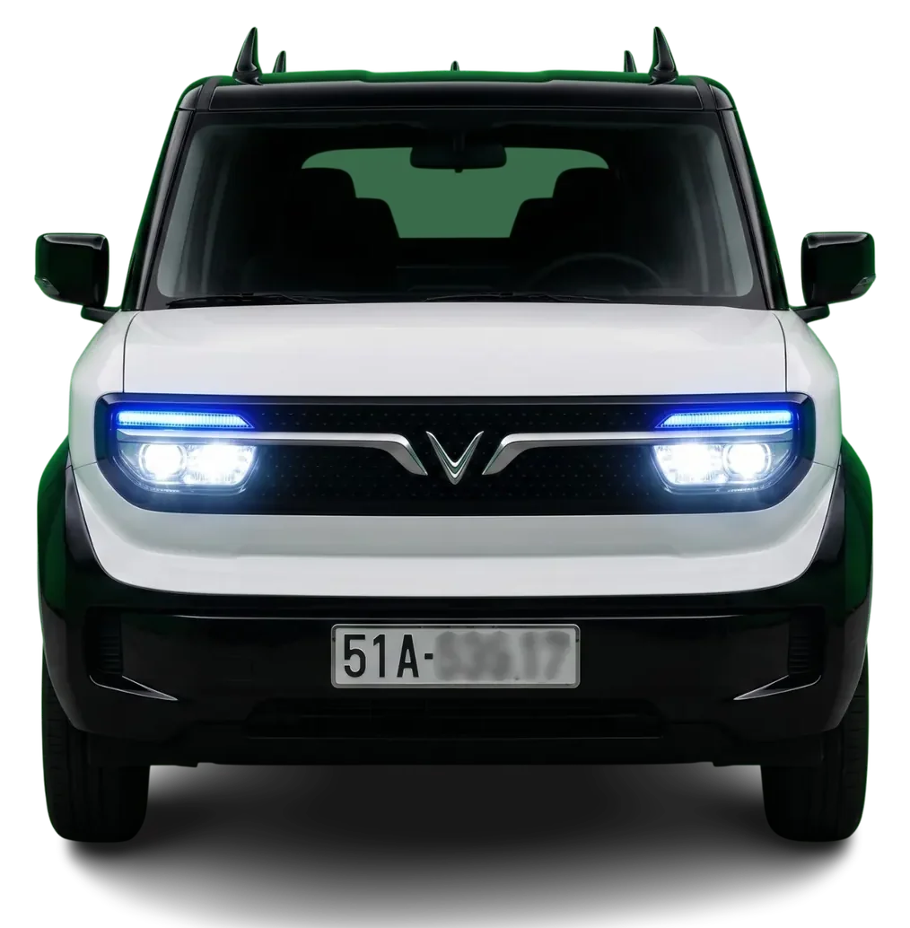 VinFast VF3 VIP màu trắng nhìn trực diện, ảnh xe thực tế đã tách nền